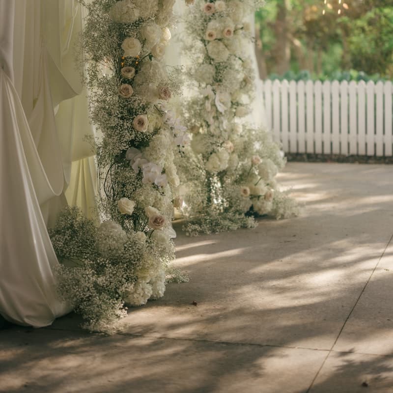 A ceremony arch of white roses and drapery in a garden, lit by late-afternoon sun.